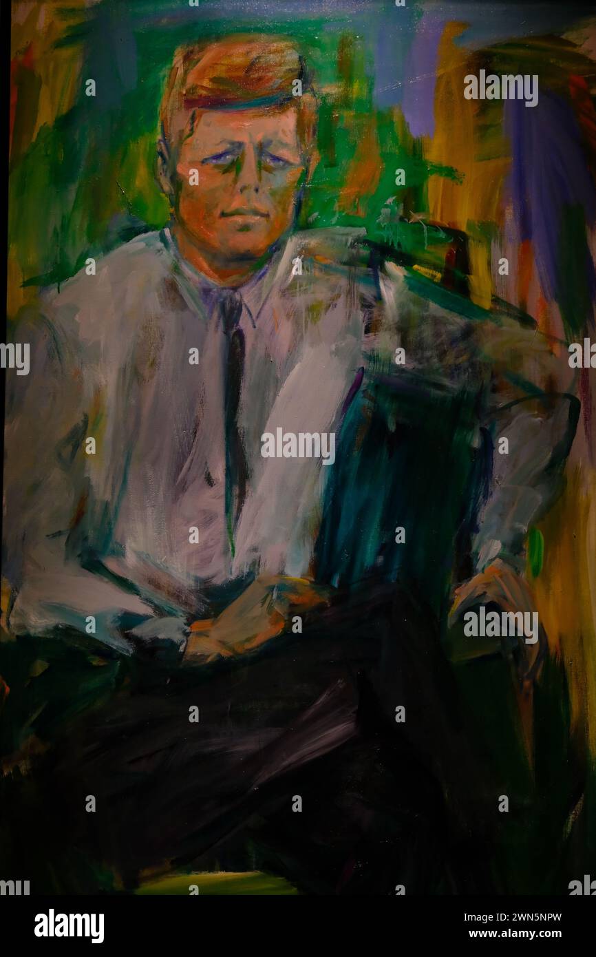 Portrait of John F.Kennedy by American figurative expressionist painter Elaine De Kooning display in the exhibition of  'America's Presidents' in National Portrait Gallery.Washington DC.USA Stock Photo