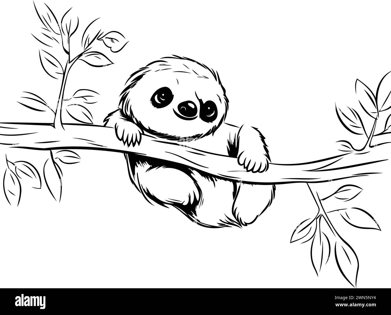Cute cartoon sloth on a tree branch. Vector illustration Stock Vector