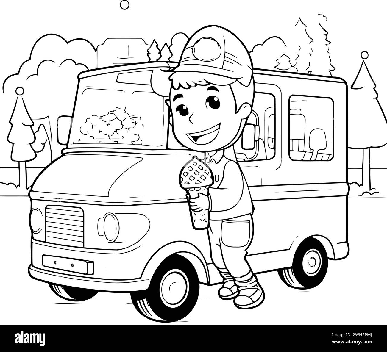 Black and White Cartoon Illustration of a Fast Food Truck or Food Truck Driver with Ice Cream Coloring Book Stock Vector