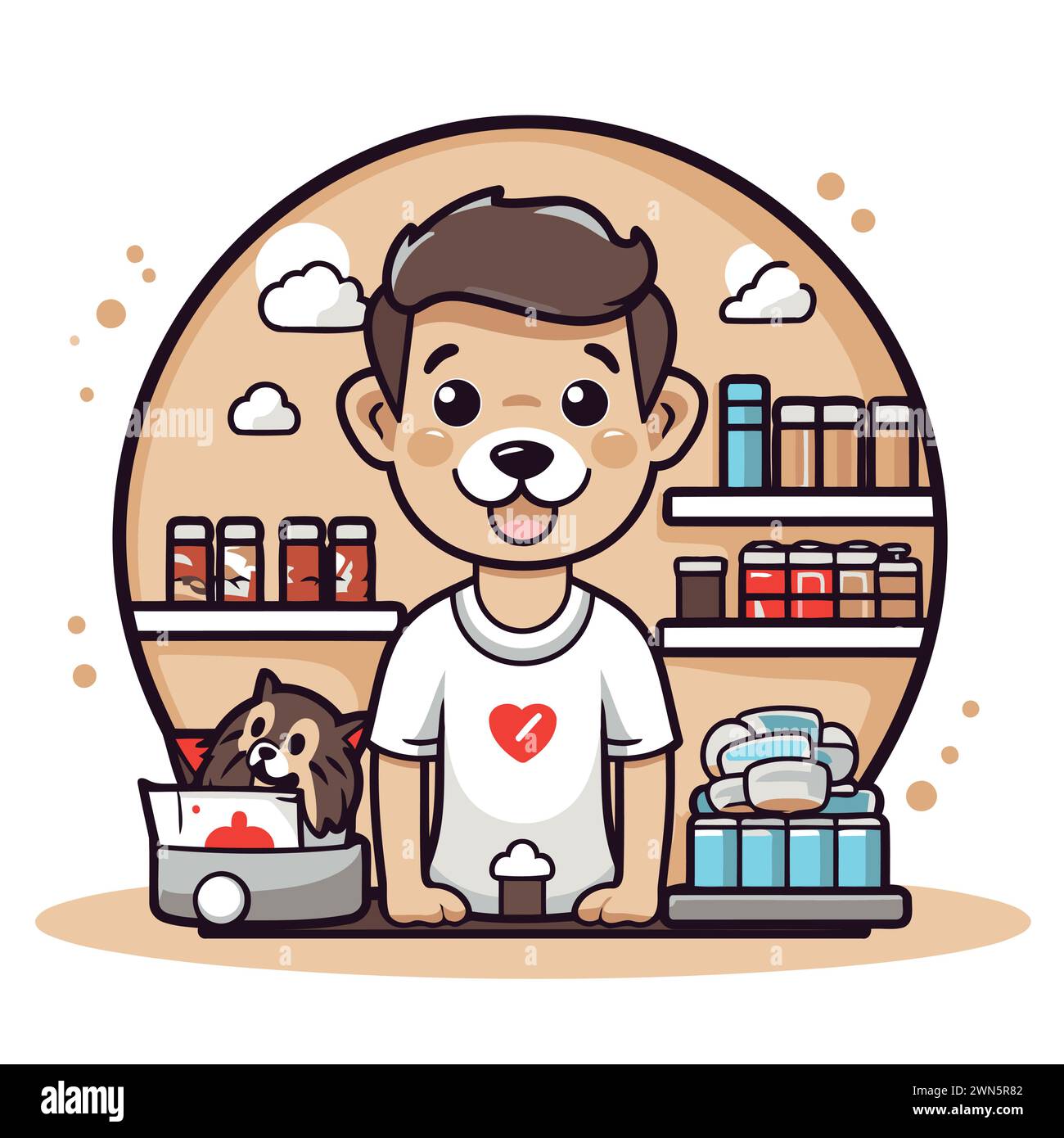 Cute little boy with dog in pet shop. Vector illustration. Stock Vector