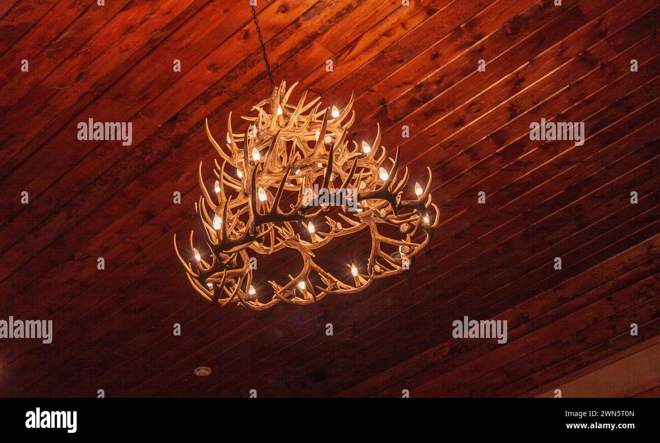 Chandelier made from deer horns at ranch in Texas. Stock Photo