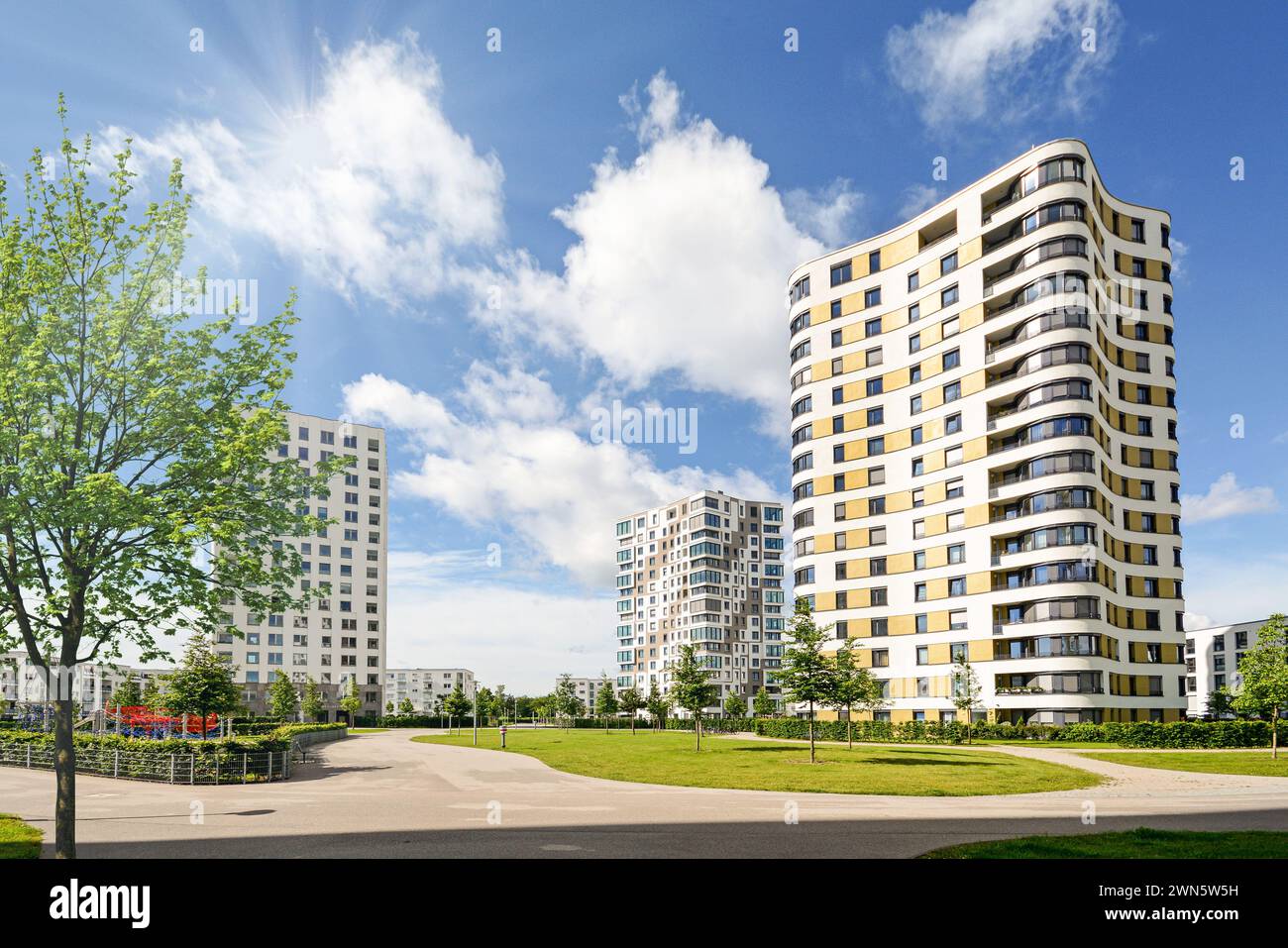 Residential area in the city, modern sustainable high-rise apartment ...