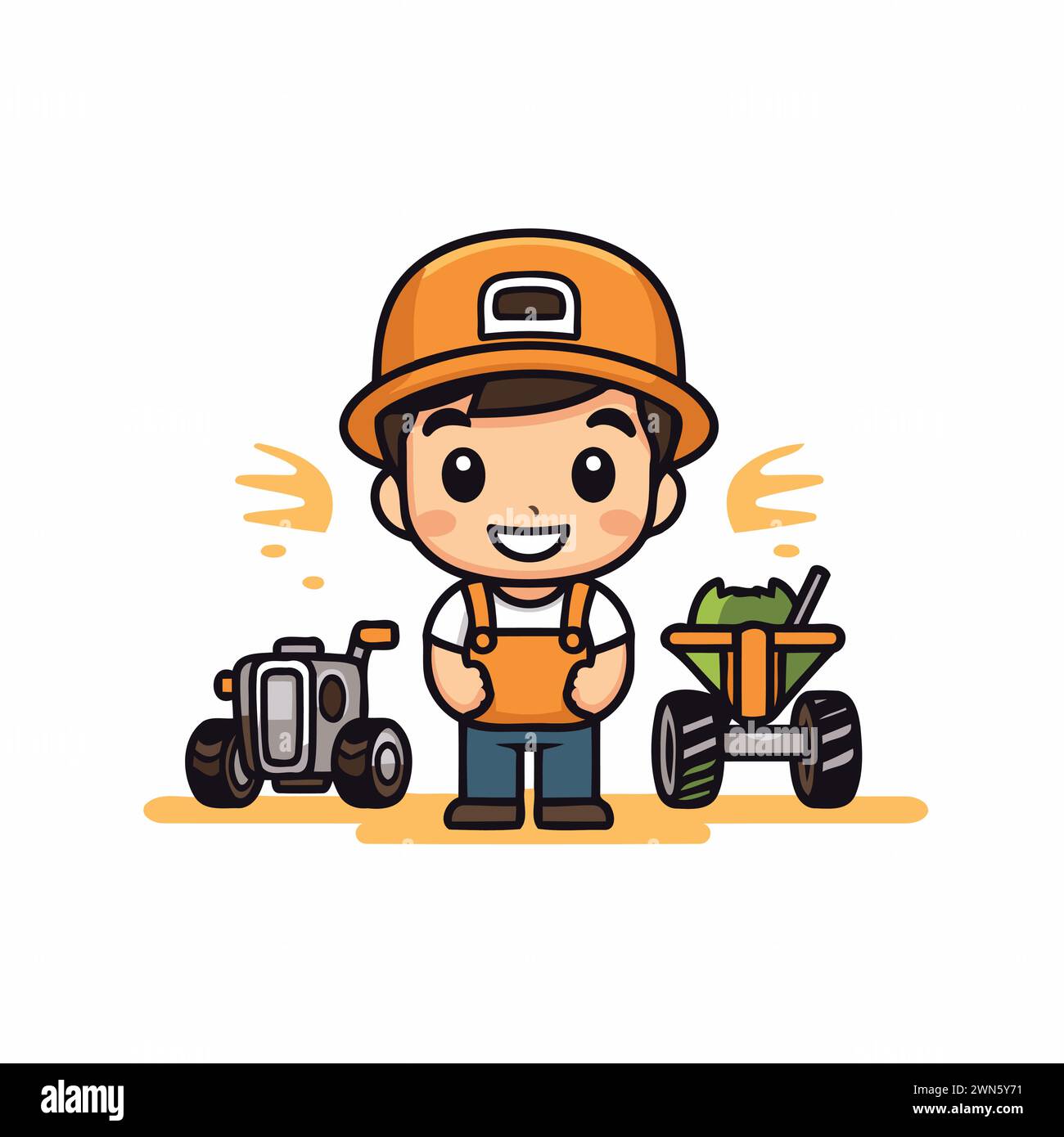 Cute cartoon farmer with tractor and wheelbarrow. Vector illustration ...