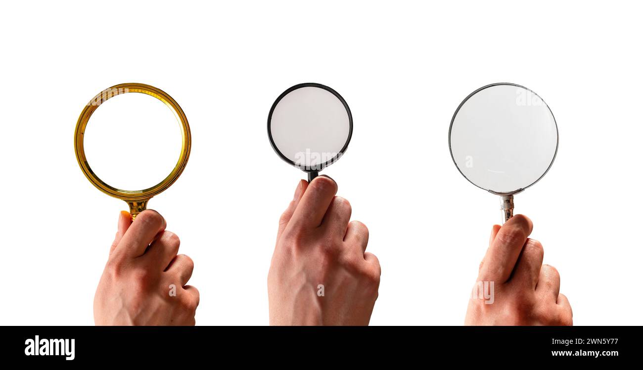 Hand holding magnifying glass, lens, magnifier, loupe isolated on white ...