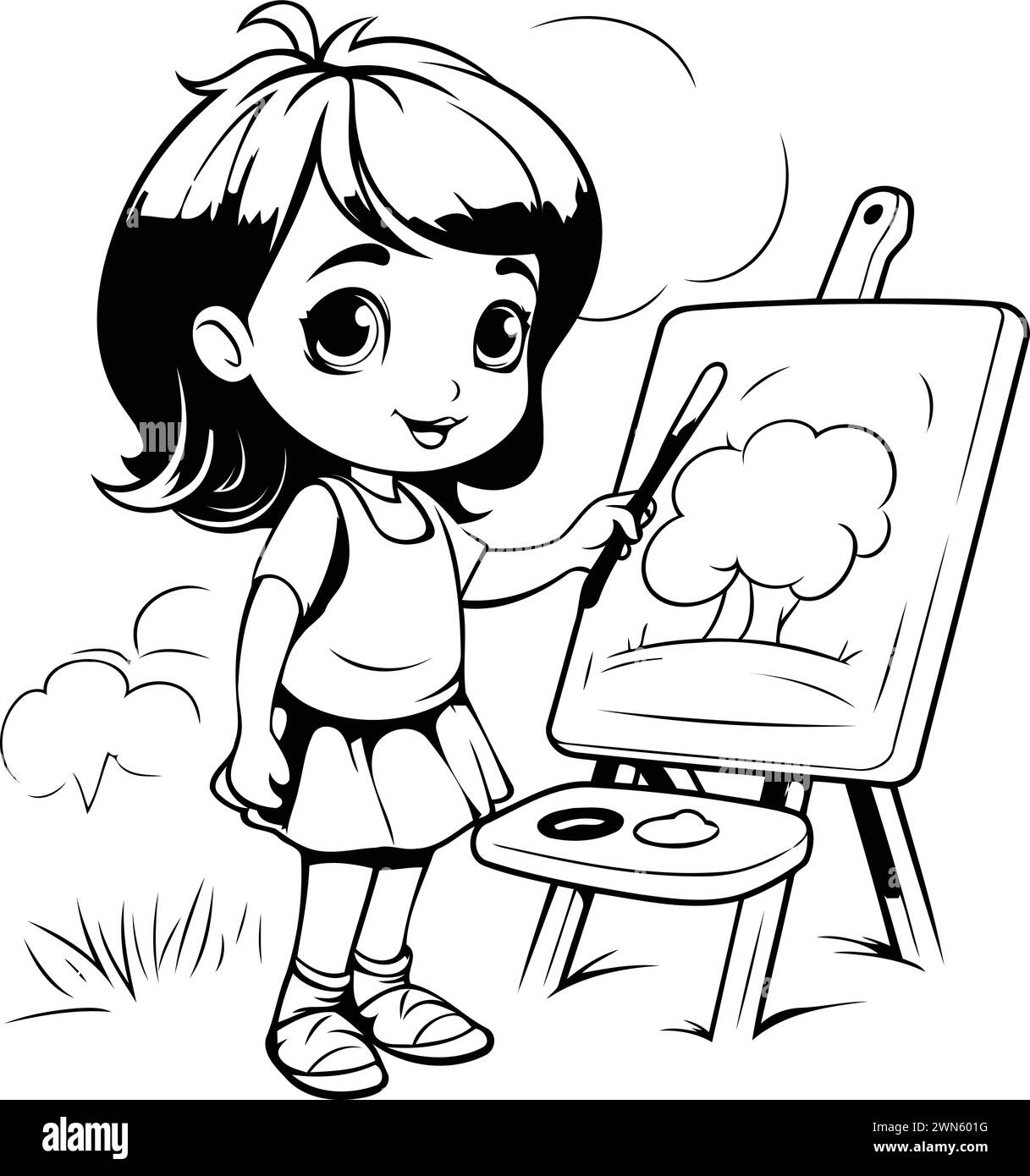 Little Girl Painting On Easel - Black And White Vector Illustration 