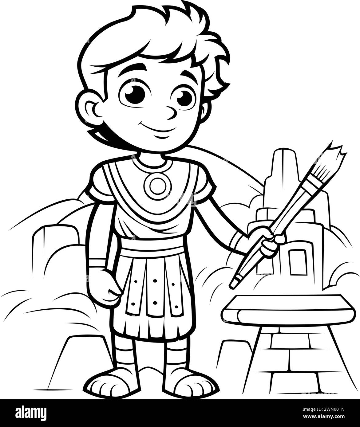 Coloring Page Outline of a Boy in Roman Costume with Spear Stock Vector