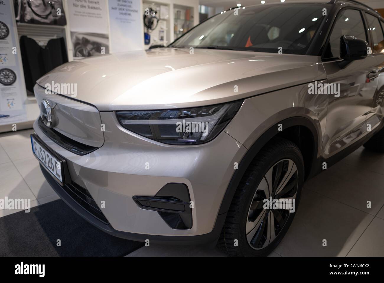 white new Volvo XC40 Recharge Electric Car, SUV crossover Swedish company Volvo Cars in showroom, EV in Europe, Innovation in automotive industry show Stock Photo