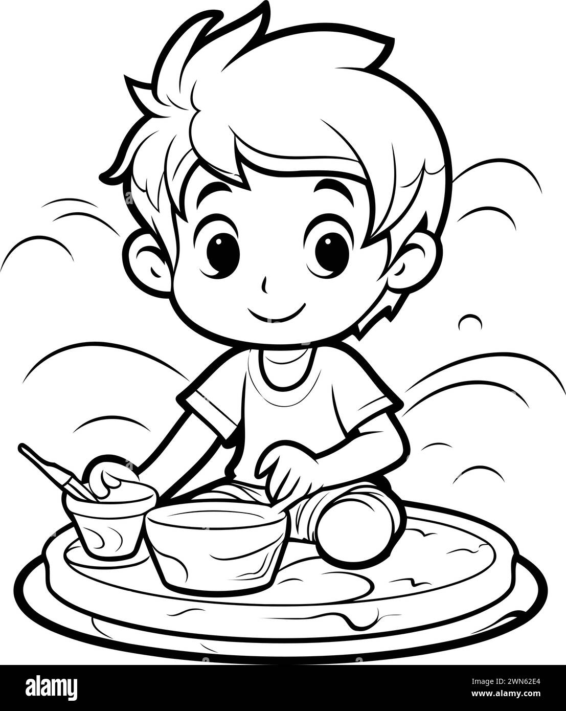 Black and White Cartoon Illustration of Cute Little Boy Baking Cake for ...