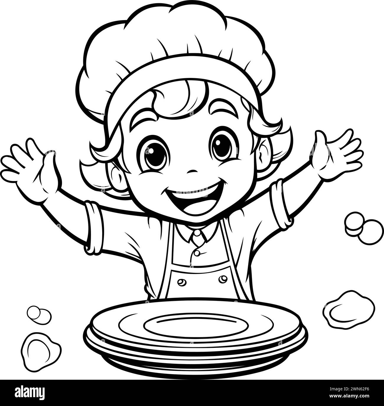 Black and White Cartoon Illustration of Little Chef Boy with Plate for Coloring Book Stock Vector