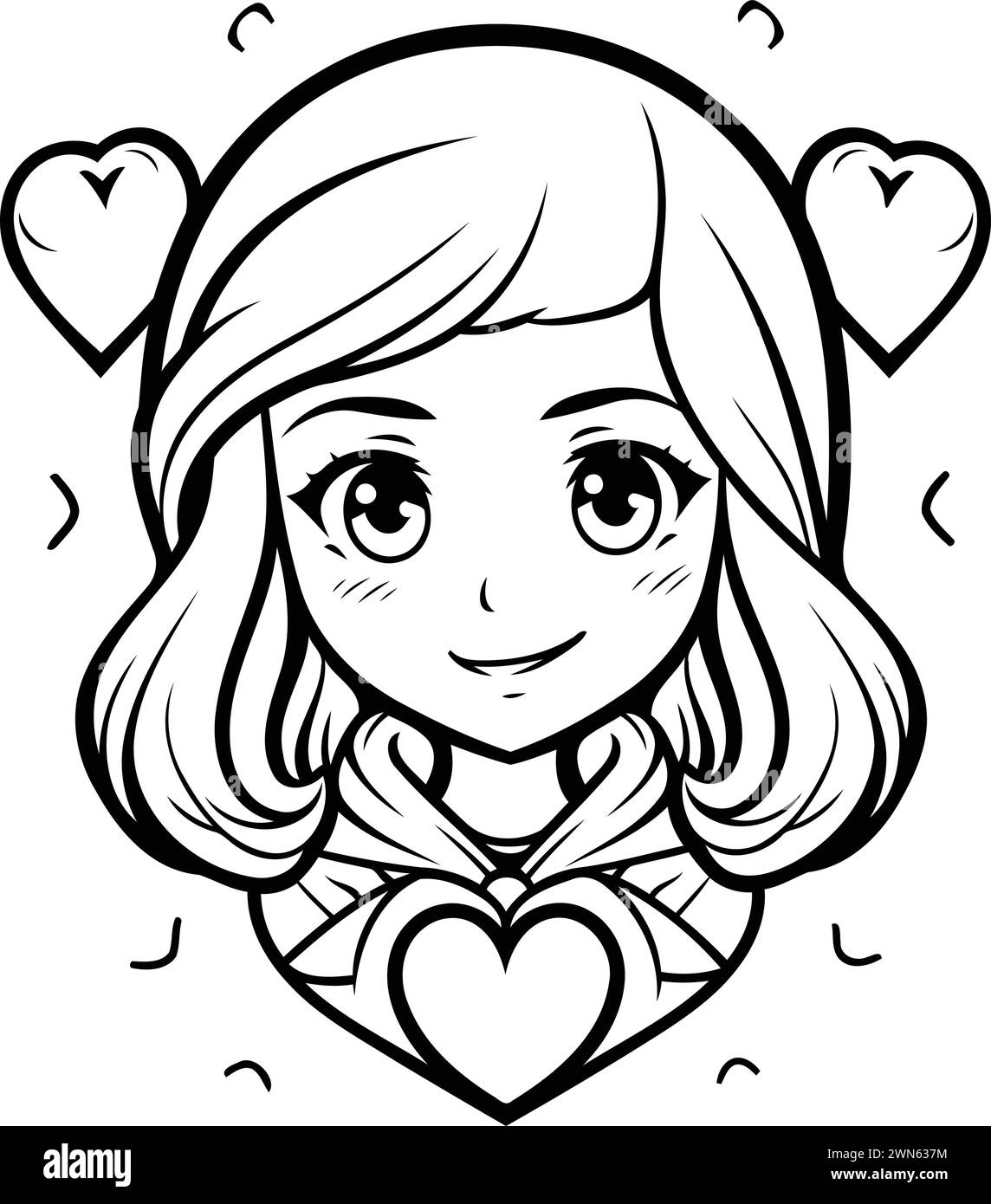 Black and White Cartoon Illustration of Cute Girl with Heart Pattern ...