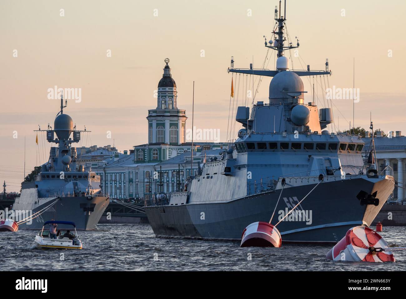 Ships of the Russian navy docked in the Neva River in St. Petersburg. 20 July 2019 Stock Photo