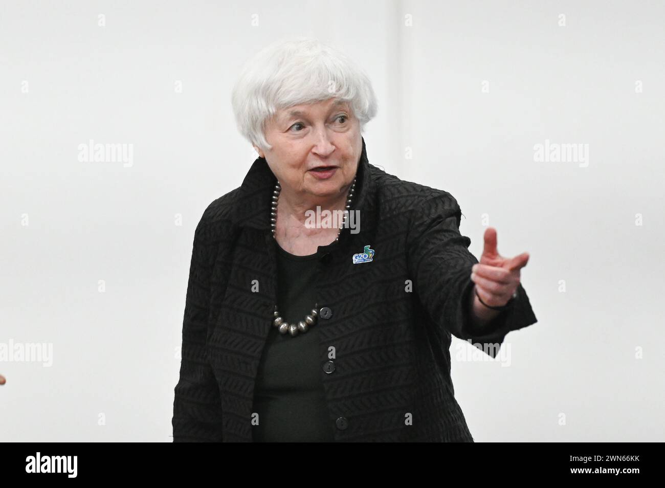 Sao Paulo, Sao Paulo, Brasil. 29th Feb, 2024. Sao Paulo (SP), 02/29/2024 - JANET/YELLEN/ESTADOS UNITEDOS/G20 Bilateral meeting between Janet Yellen Secretary of the American Treasury during a meeting of Finance Ministers and Presidents of Central Banks of the G20 member countries, at the Biennial Pavilion of Ibirapuera Park in Sao Paulo. (Foto: Andre Ribeiro/Thenews2/Zumapress) (Credit Image: © Andre Ribeiro/TheNEWS2 via ZUMA Press Wire) EDITORIAL USAGE ONLY! Not for Commercial USAGE! Stock Photo