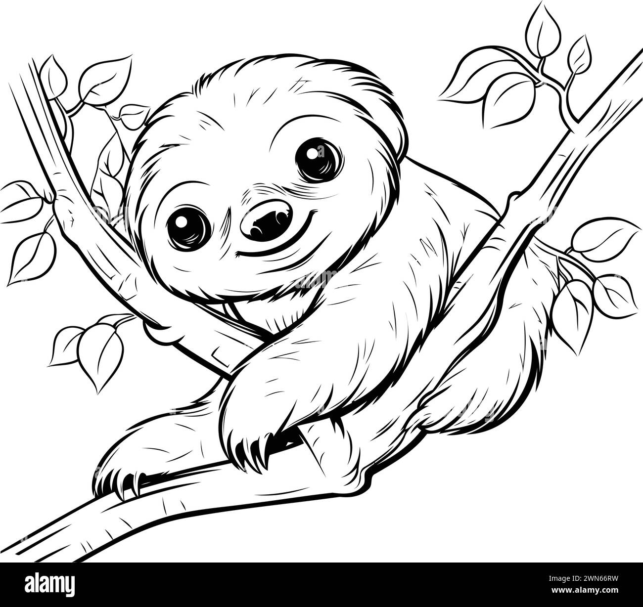 Cute cartoon sloth on a tree branch. Vector illustration Stock Vector
