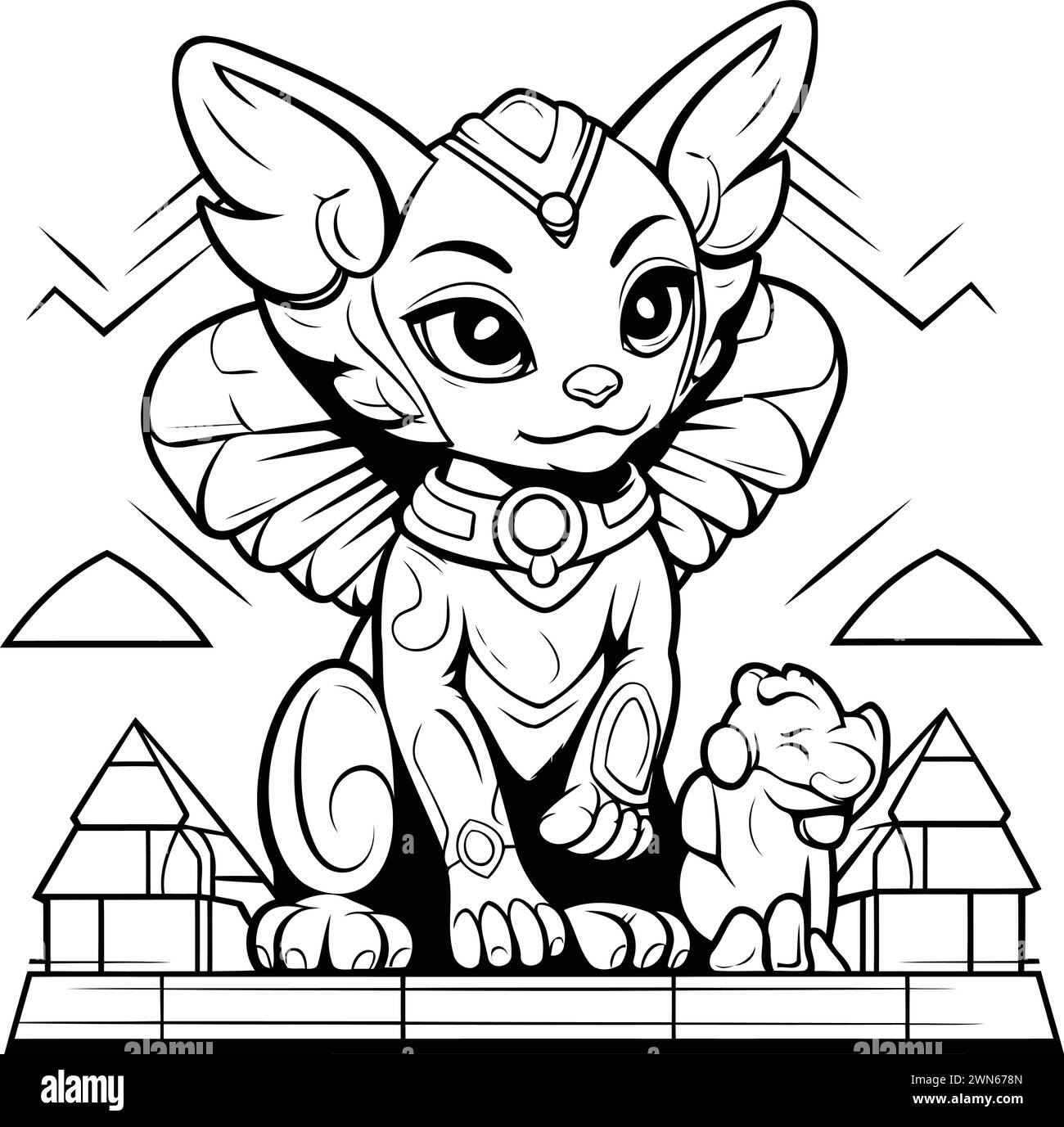 Black and White Cartoon Illustration of Cute Sphinx Fantasy Animal Character for Coloring Book Stock Vector