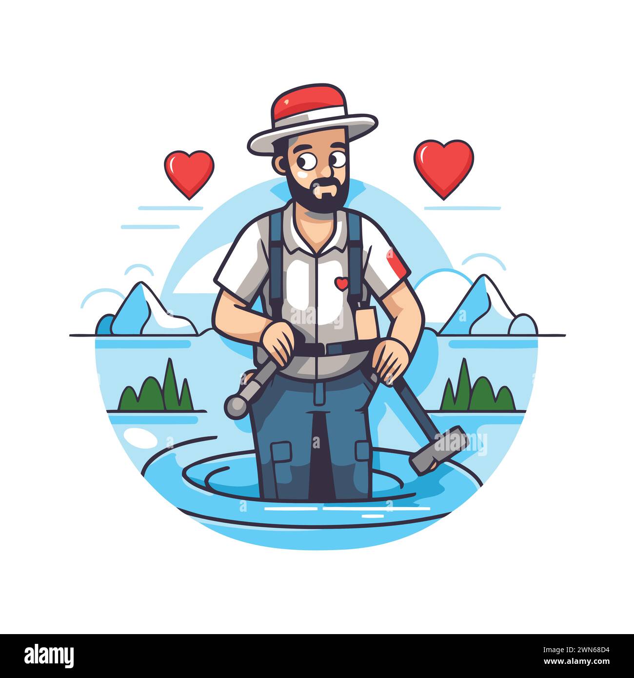 Fisherman with a rowing boat. Vector illustration in cartoon style Stock Vector
