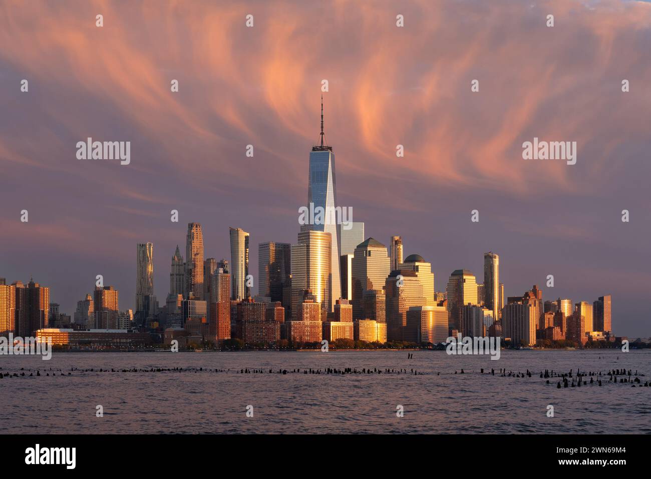 New York City skyline with World Trade Center skyscrapers. Sunset ...