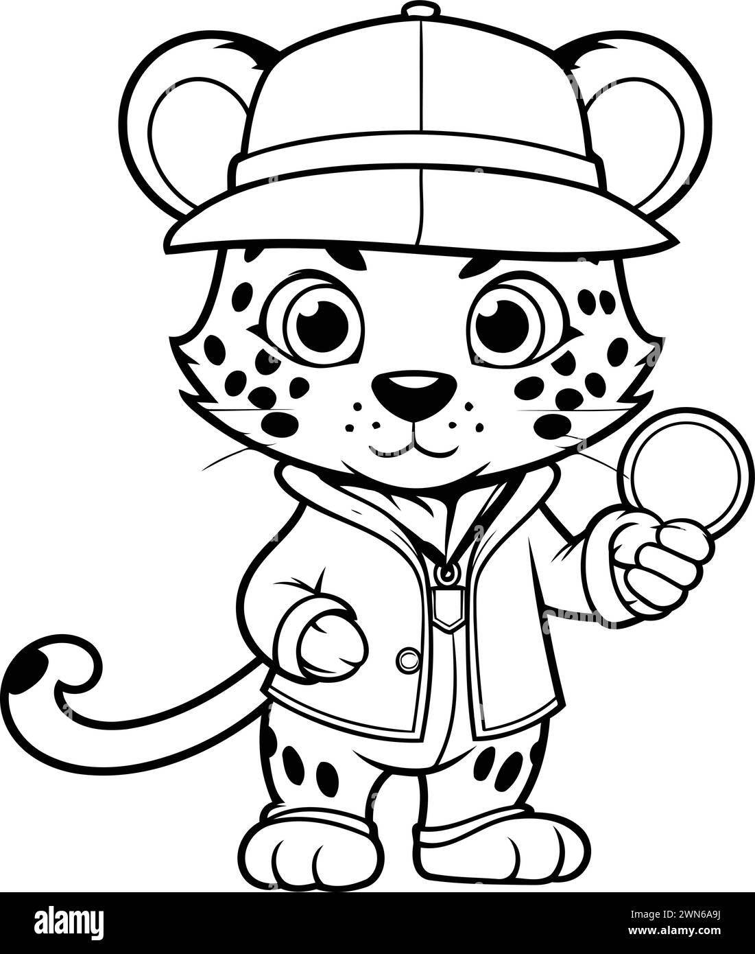 Black and White Cartoon Cheetah Mascot Character Holding Magnifying