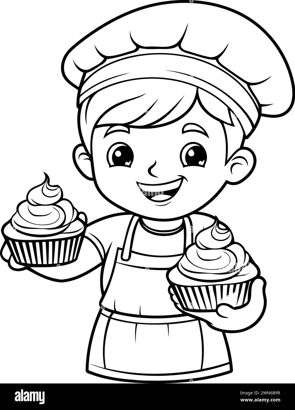 Coloring Page Outline Of Cartoon Cute Little Boy Chef With Cupcake Stock Vector