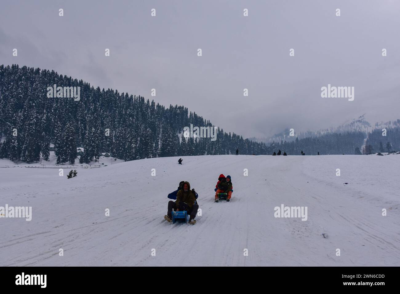 Indian tourists enjoy sledge ride at the Gulmarg ski-resort, about 55kms from Srinagar, the summer capital of Jammu and Kashmir. Stock Photo