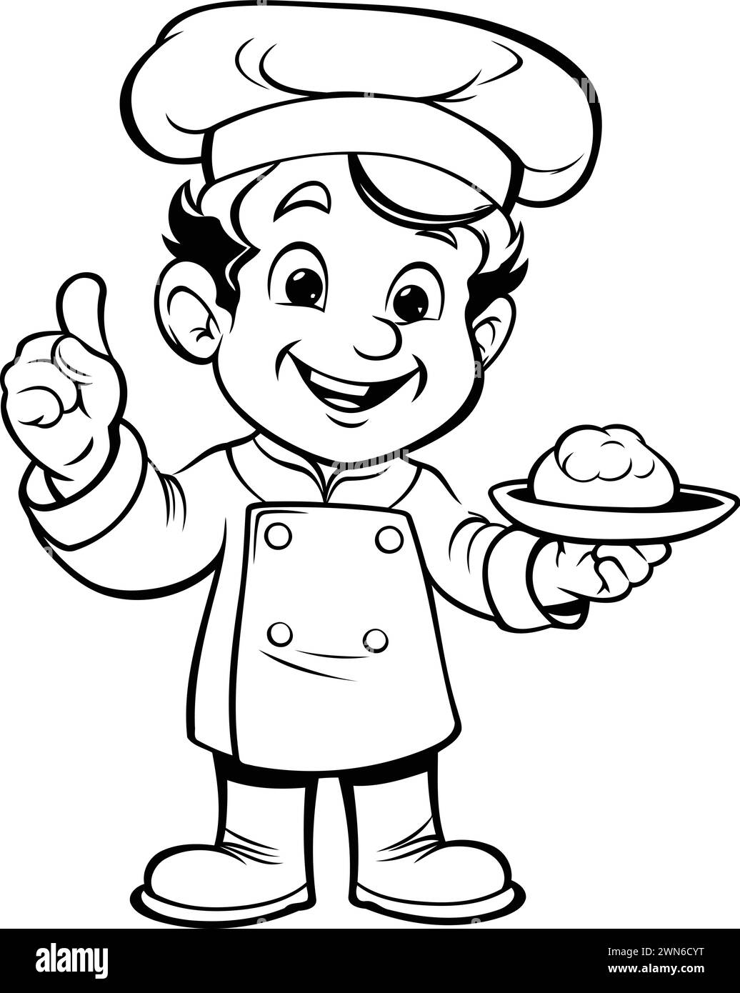 Black and White Cartoon Illustration of a Little Boy Chef Character with a Plate for Coloring Book Stock Vector