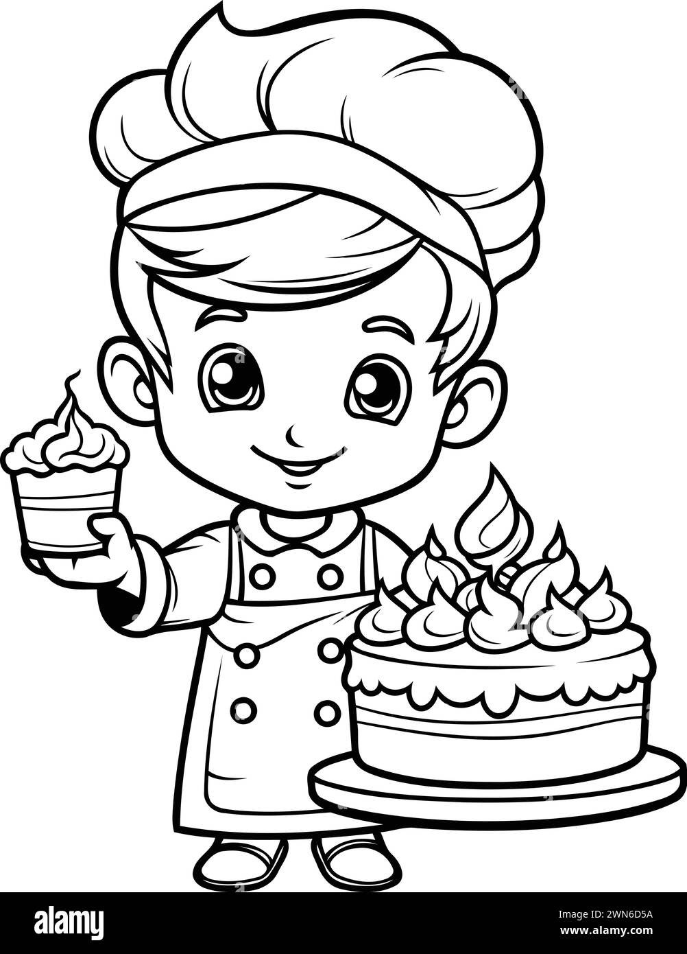 Black and White Cartoon Illustration of Cute Little Boy Chef Character with Cake for Coloring Book Stock Vector