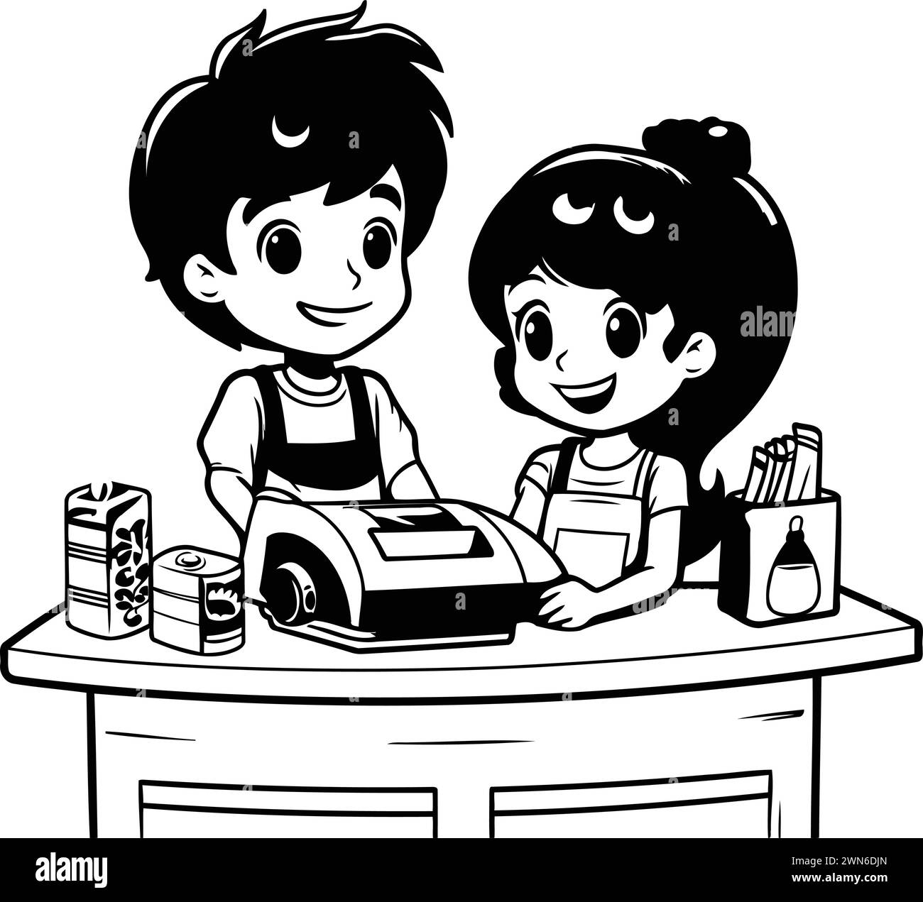 Cute boy and girl at the cash register. Black and white vector illustration. Stock Vector