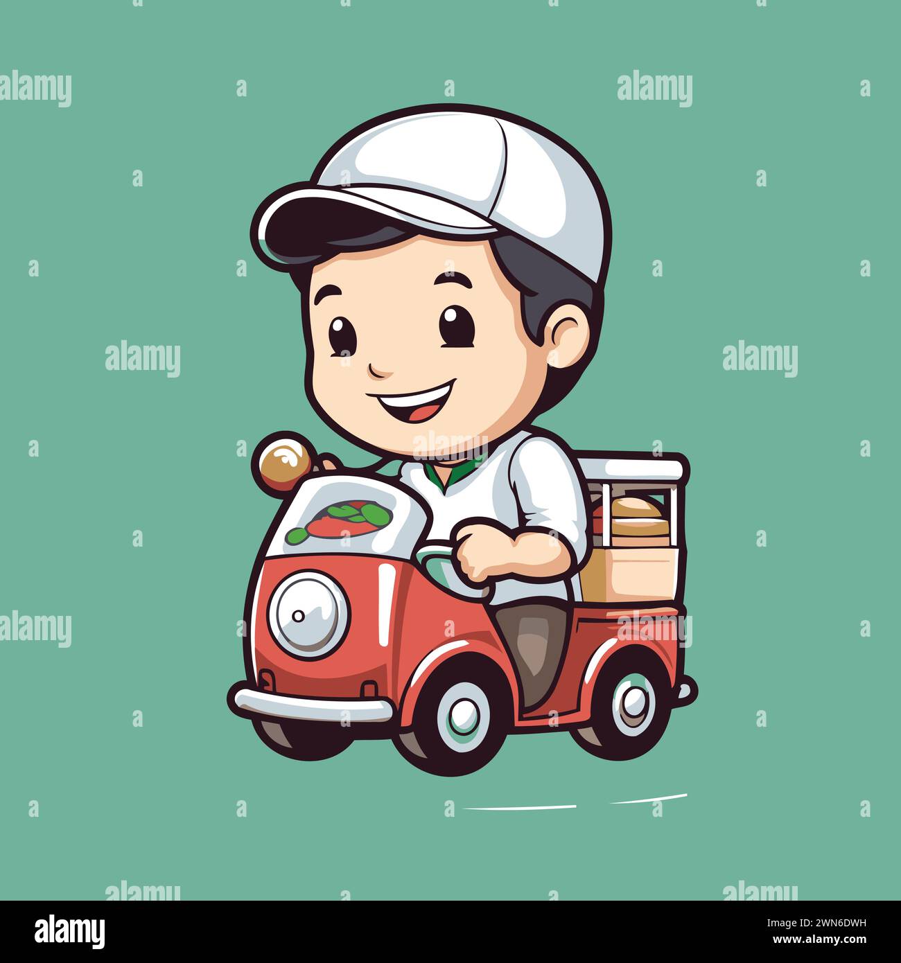 Cute cartoon delivery boy on a toy car. Vector illustration. Stock Vector