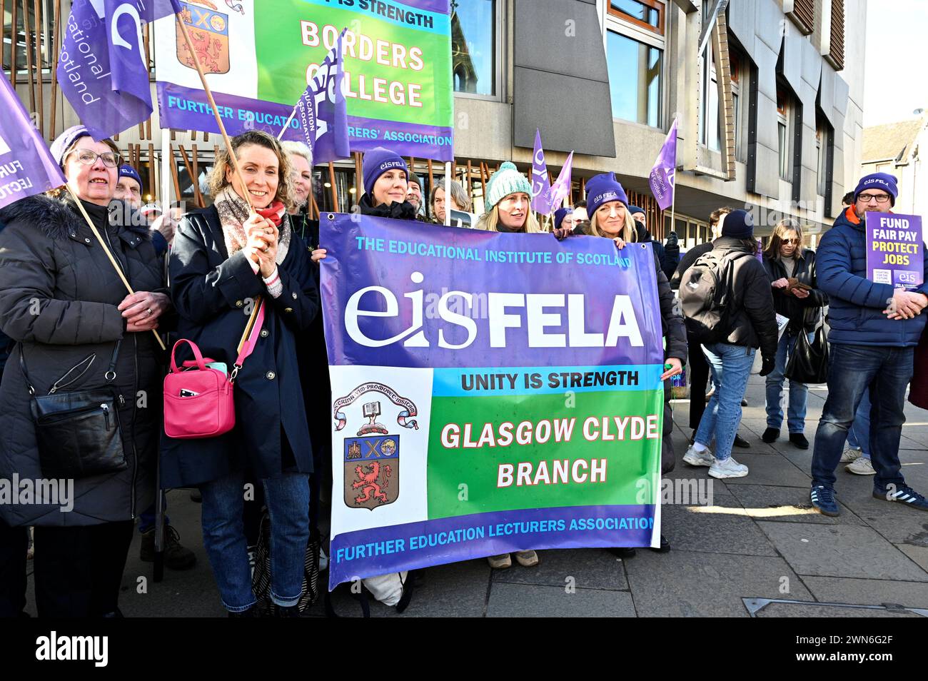 Edinburgh, Scotland, UK. 29th February 2024.  Rally by EIS and Unison protesting against the planned funding cuts to further education and for a fair pay rise, protest at the Scottish parliament Holyrood. Credit: Craig Brown/Alamy Live News Stock Photo