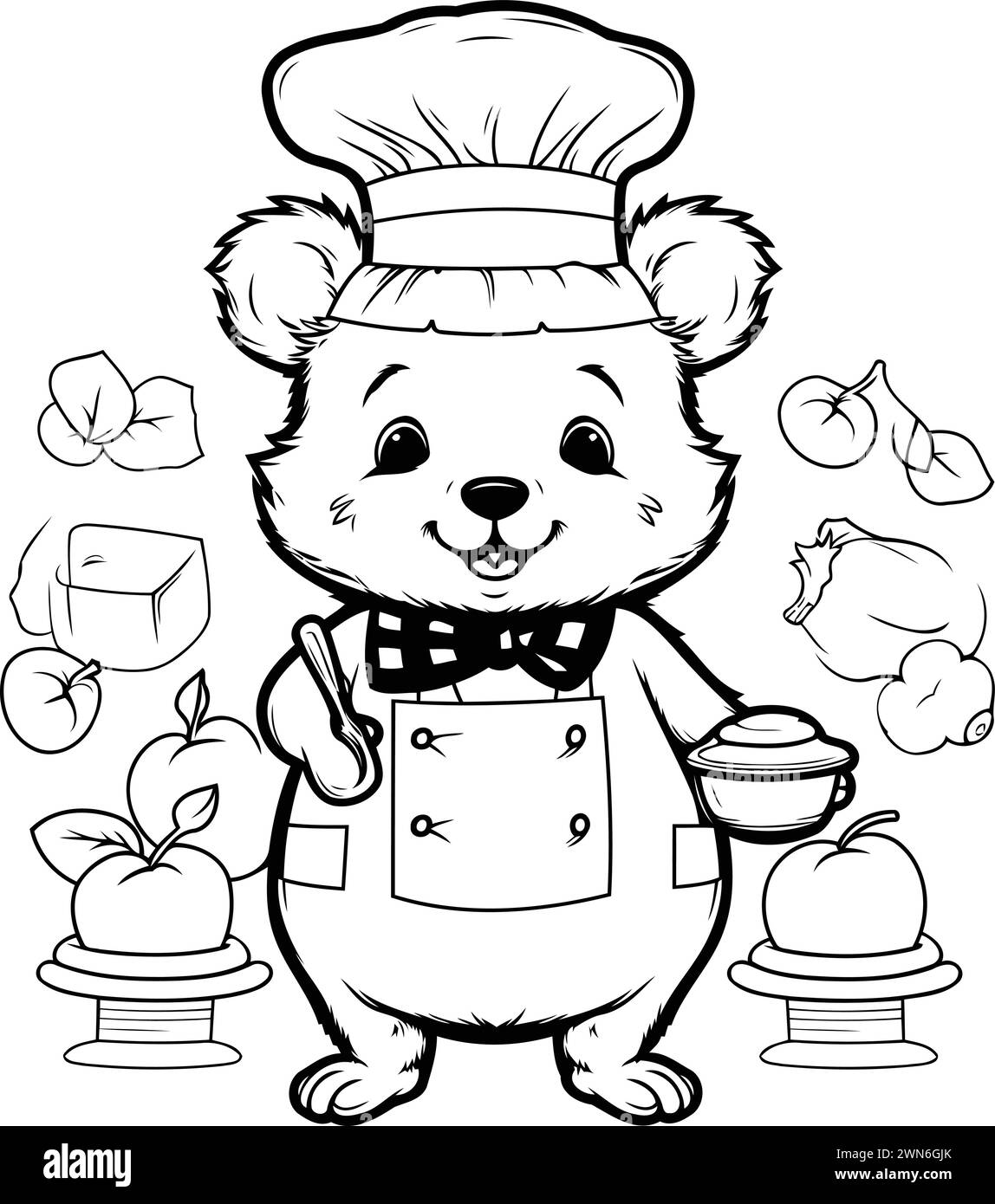 Cute cartoon bear chef with food. Vector illustration coloring page. Stock Vector