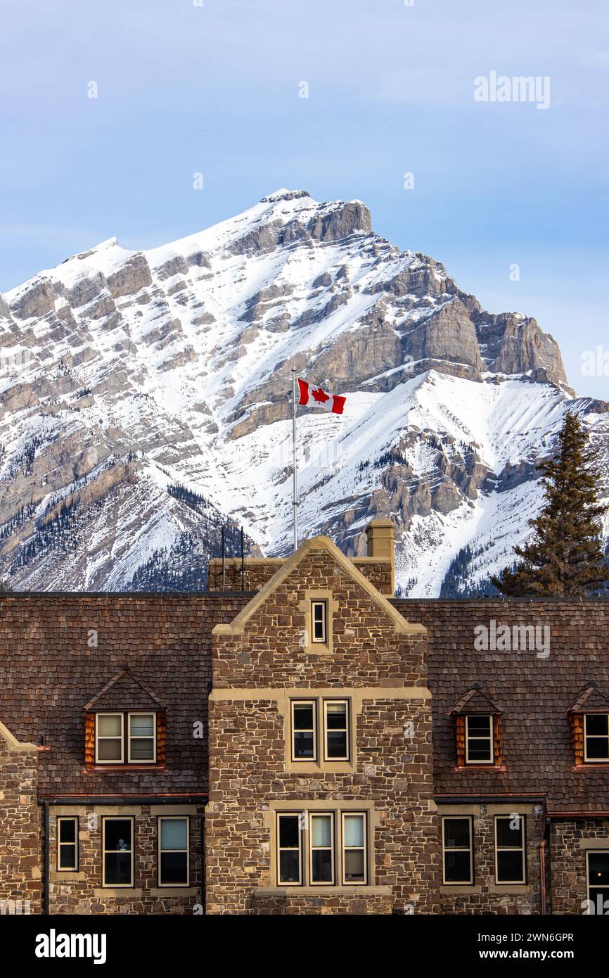 The Historic Banff National Park Administration Building in the Cascades of Time Garden on Banff Avenue with C Stock Photo
