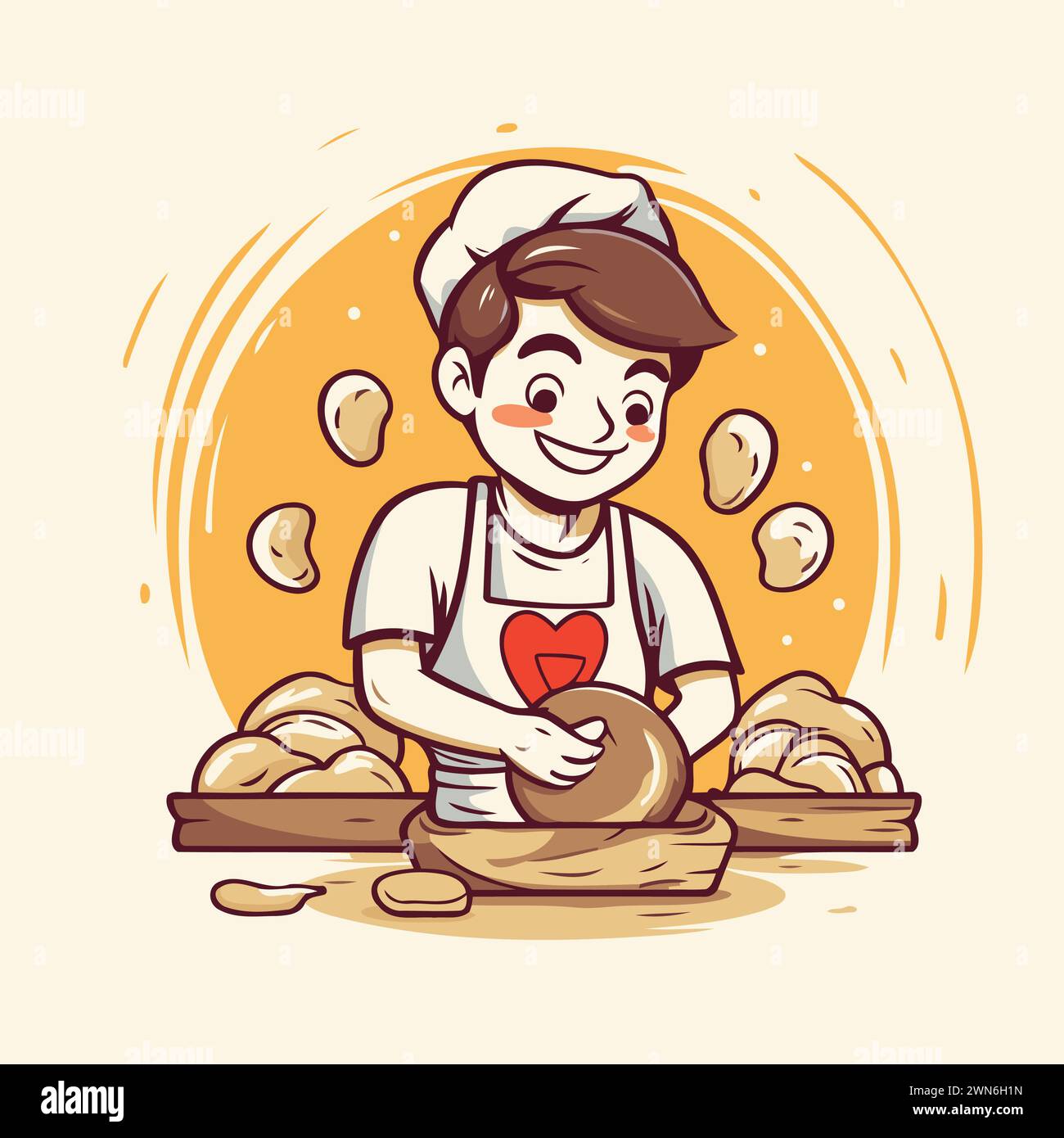 Cute cartoon boy in chef hat making bread. Vector illustration. Stock Vector