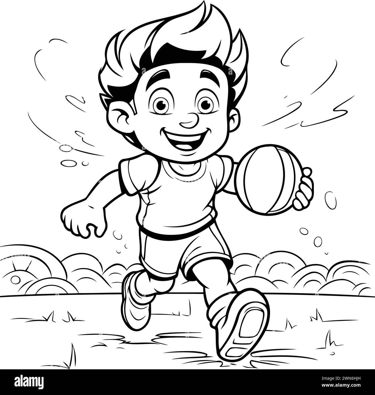 Black and White Cartoon Illustration of a Kid Playing Rugby or American ...