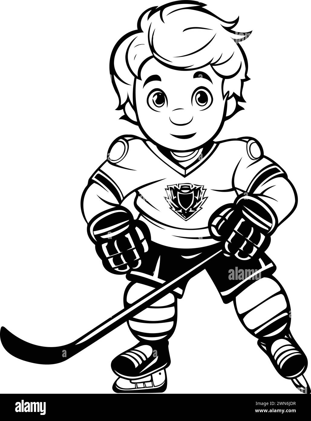 Ice hockey player. Black and white vector illustration for coloring