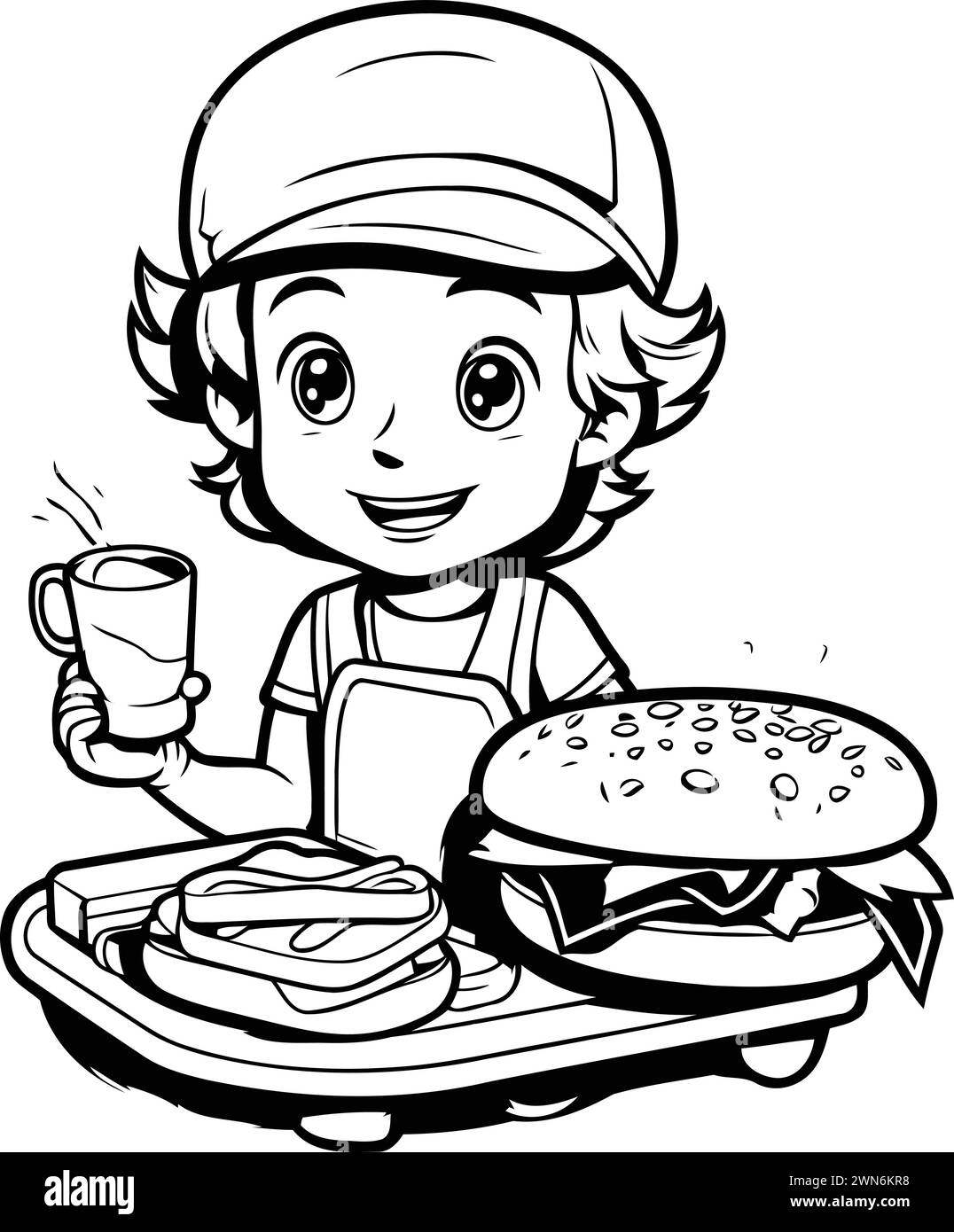 Cartoon Illustration of Kid Boy Eating Fast Food or Hamburger for Coloring Book Stock Vector