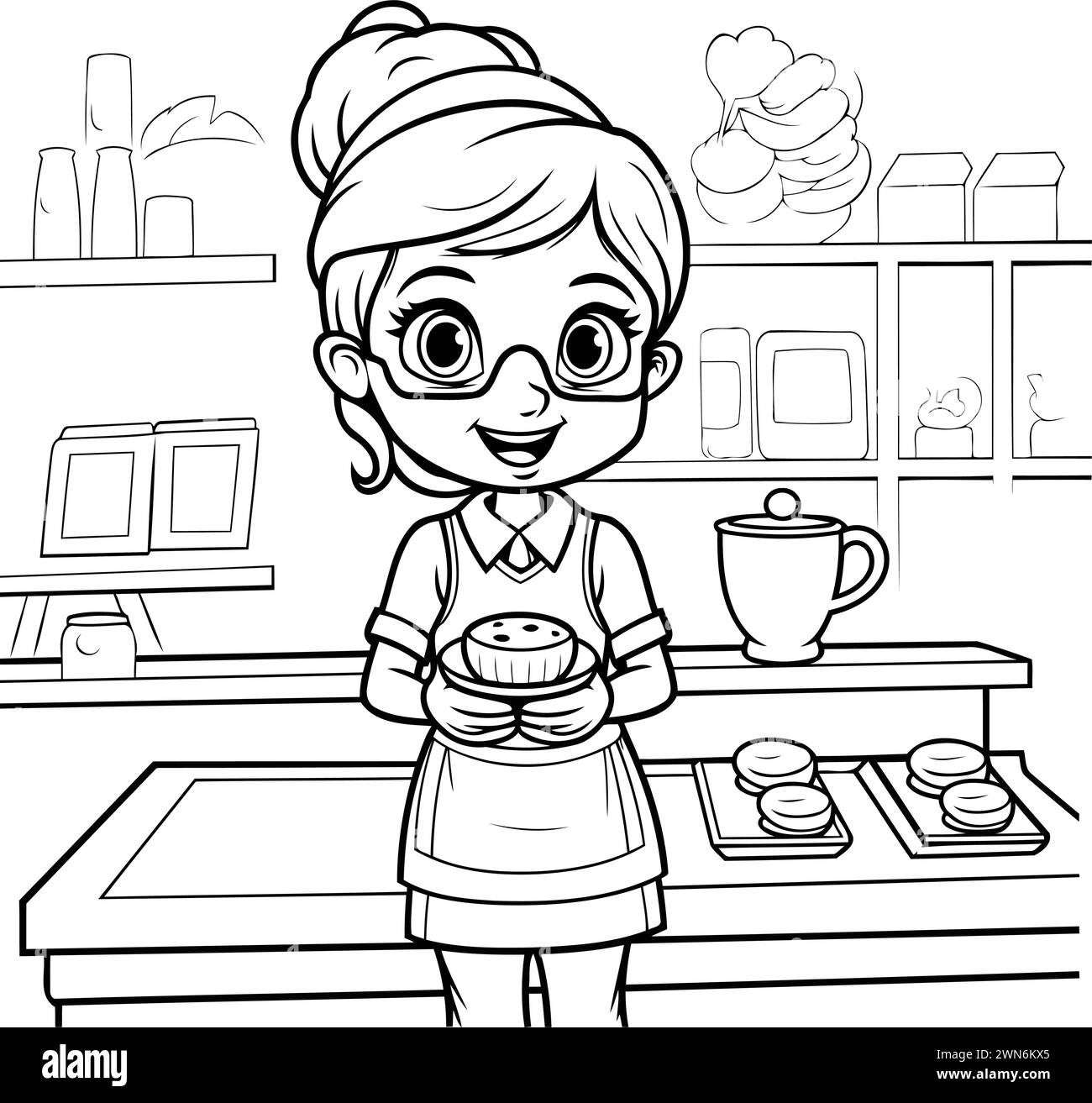 Coloring Page Outline Of a Cute Little Girl Cooking in the Kitchen Stock Vector