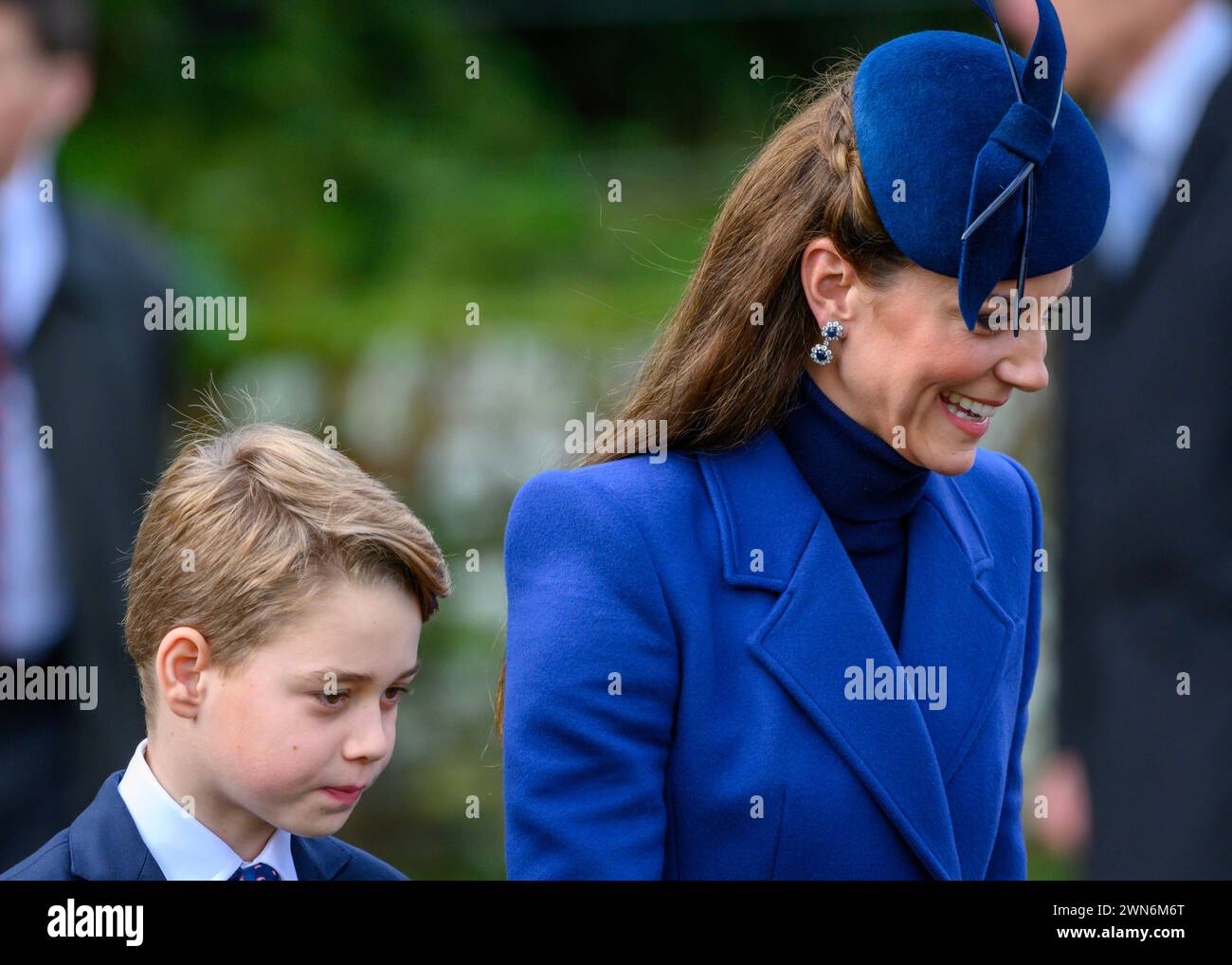 Princess of Wales and Prince George meeting well-wishers after attending the Christmas service at St Mary Magdalene Church, Sandringham. Dec. 25, 2023 Stock Photo