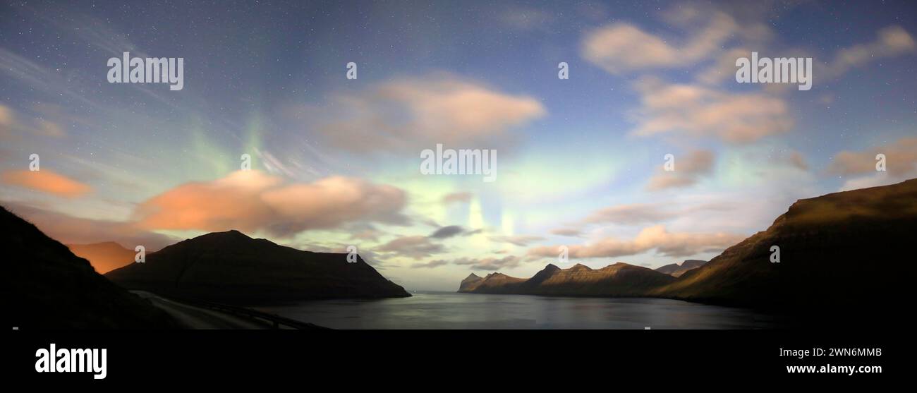 Panoramic image of the northern lights at the Faroe islands Stock Photo