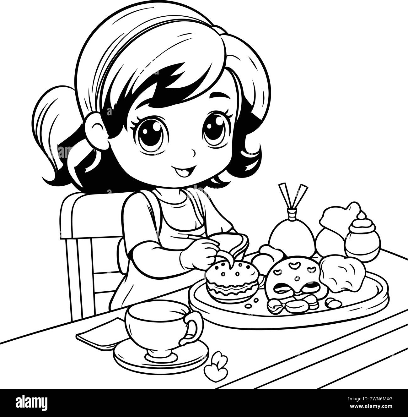Cute little girl having breakfast. Coloring book for children. Stock Vector