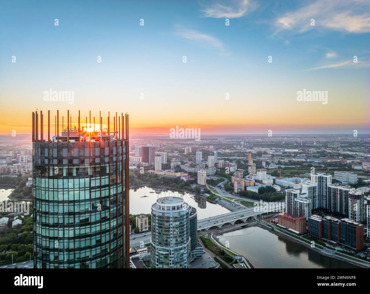 Yekaterinburg city and pond aerial panoramic view at summer sunset ...