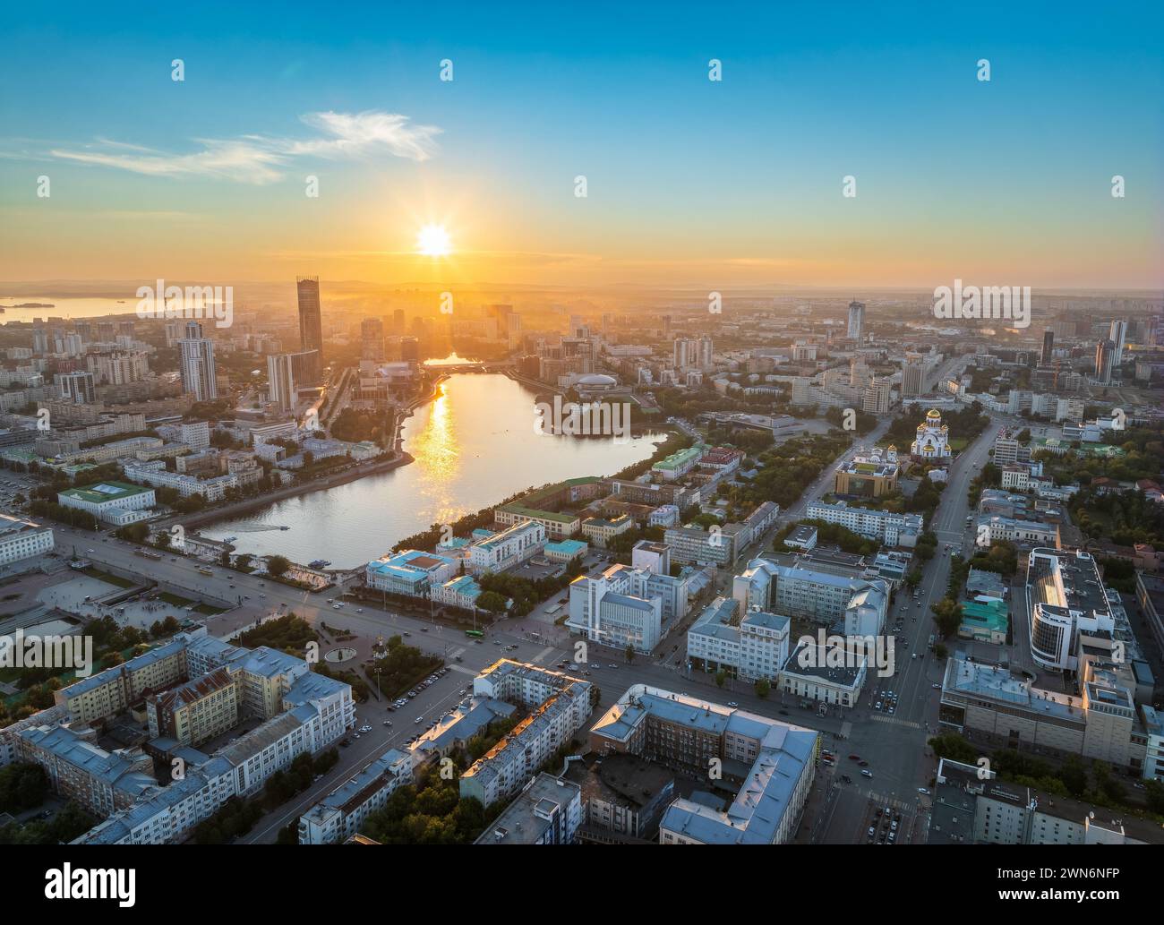 Yekaterinburg city and pond aerial panoramic view at summer sunset ...
