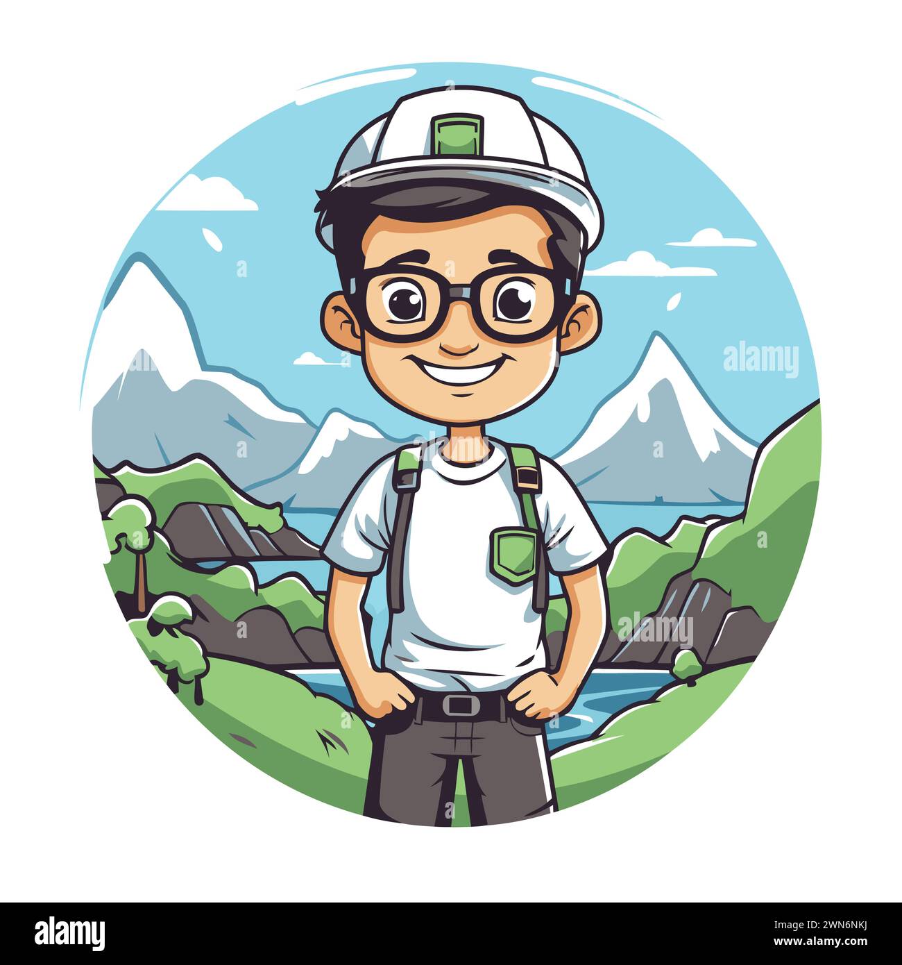 Tourist boy with hat and backpack in the mountains round icon vector illustration graphic design Stock Vector