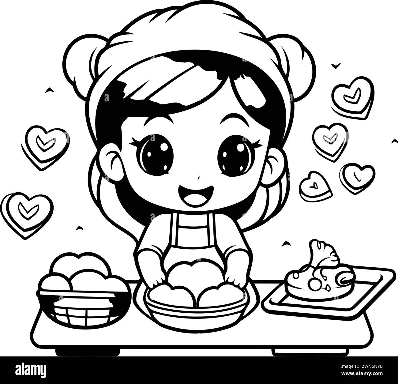 Vector illustration of a cute little girl cooking in the kitchen. Coloring book for children. Stock Vector