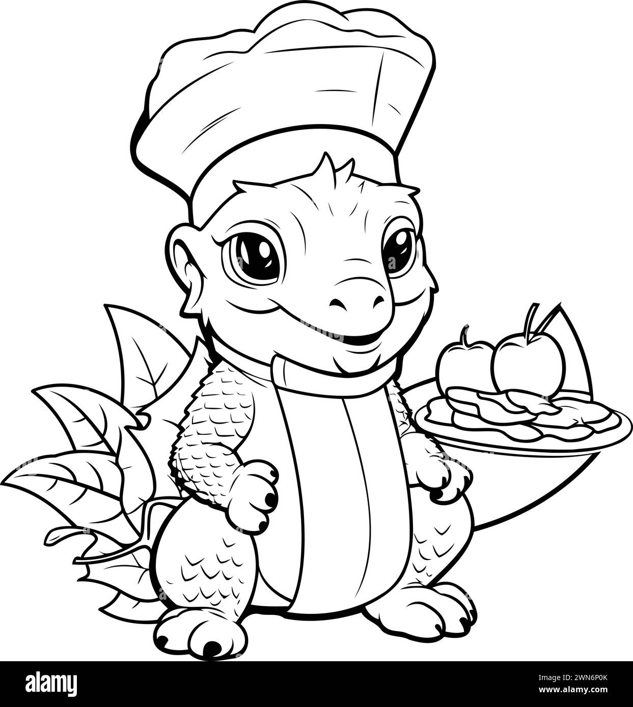 Cute baby crocodile chef. Coloring book for children. Stock Vector
