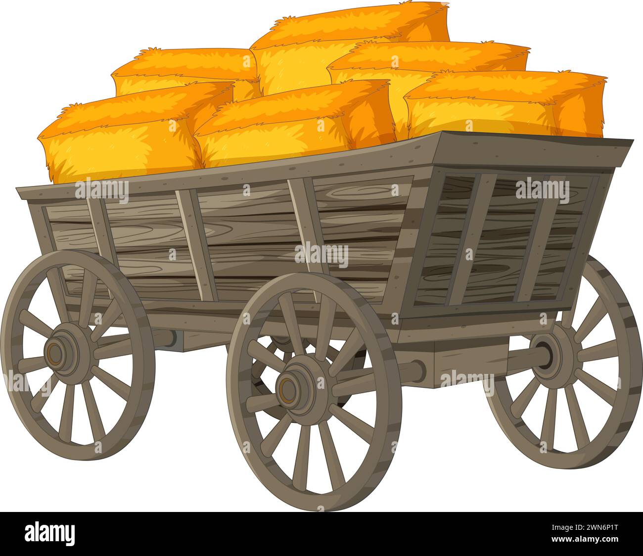 Old-fashioned cart filled with golden hay bales. Stock Vector