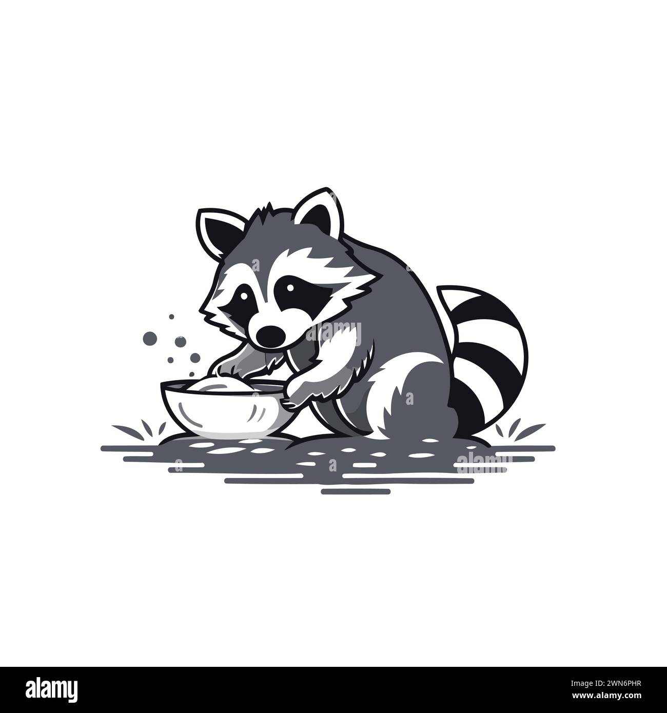Raccoon eating from a bowl. Vector illustration on white background