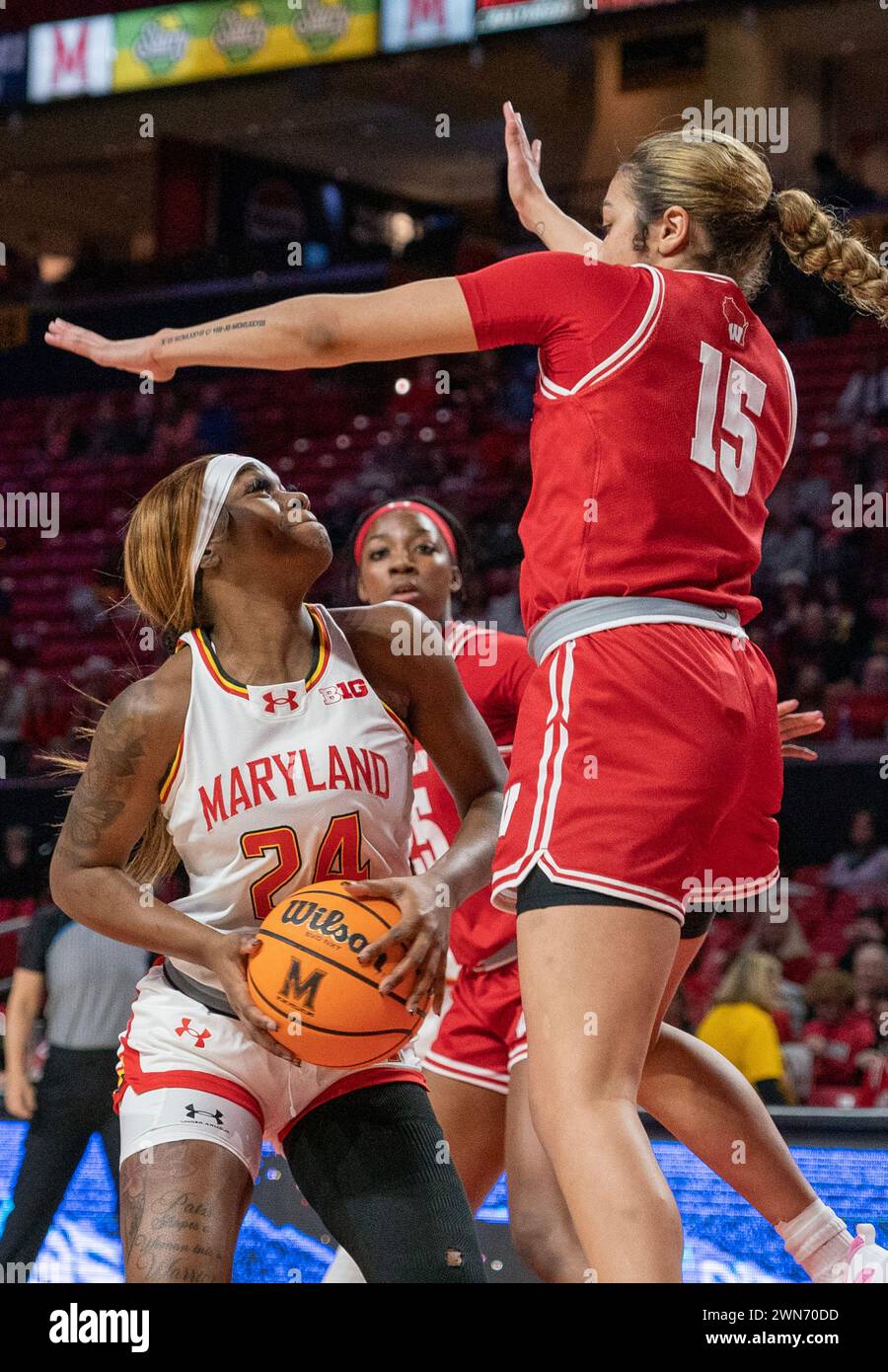 College Park, USA. 29th Feb, 2024. COLLEGE PARK, MD: - FEBRUARY 29: Wisconsin Badgers guard Sania Copeland (15) defends on a shot by Maryland Terrapins guard Bri McDaniel (24) during a women's college basketball game between the Maryland Terrapins and the Wisconsin Badgers at Xfinity Center, in College Park, Maryland on February 29, 2024. (Photo by Tony Quinn/SipaUSA) Credit: Sipa USA/Alamy Live News Stock Photo
