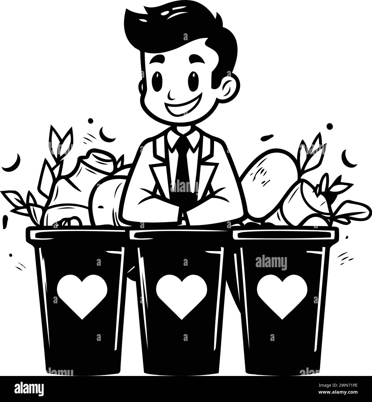 Black and White Cartoon Illustration of a Man Picking Flowers from Bin