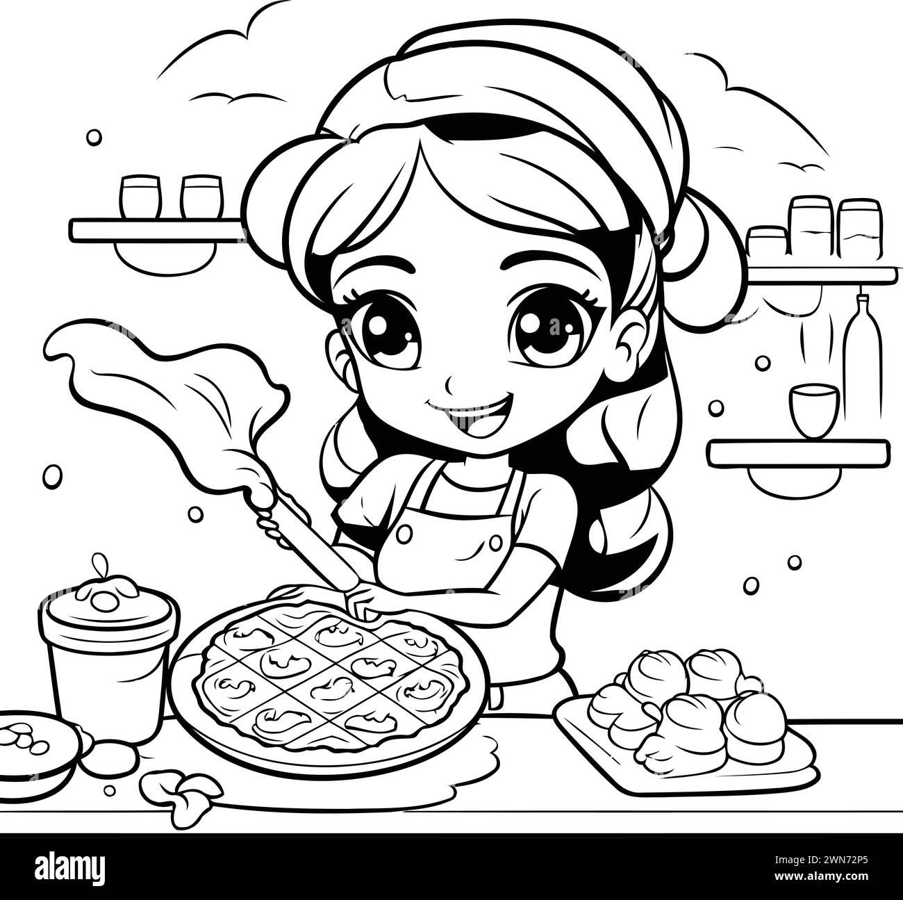 Black and White Cartoon Illustration of Little Girl Cooking Pizza for Coloring Book Stock Vector