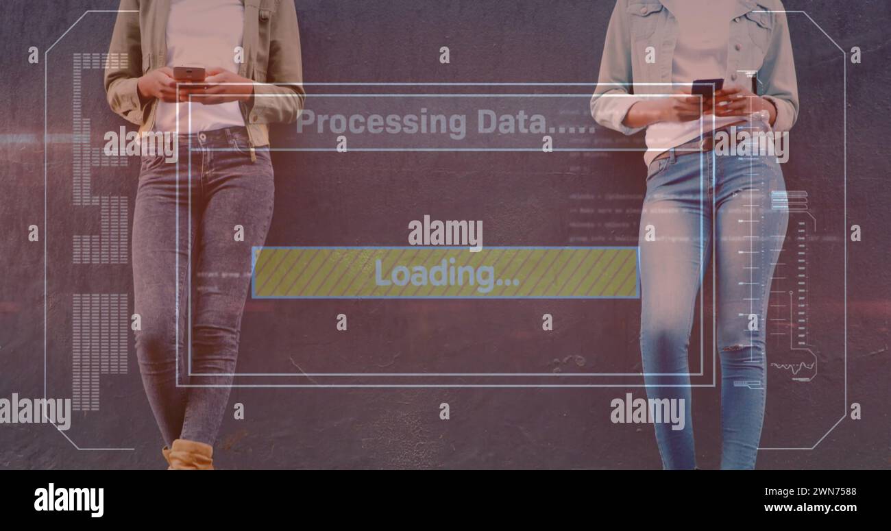 Image of data processing on screen over women using smartphone Stock ...
