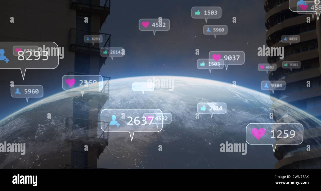 Image of social media icons over globe and cityscape Stock Photo - Alamy